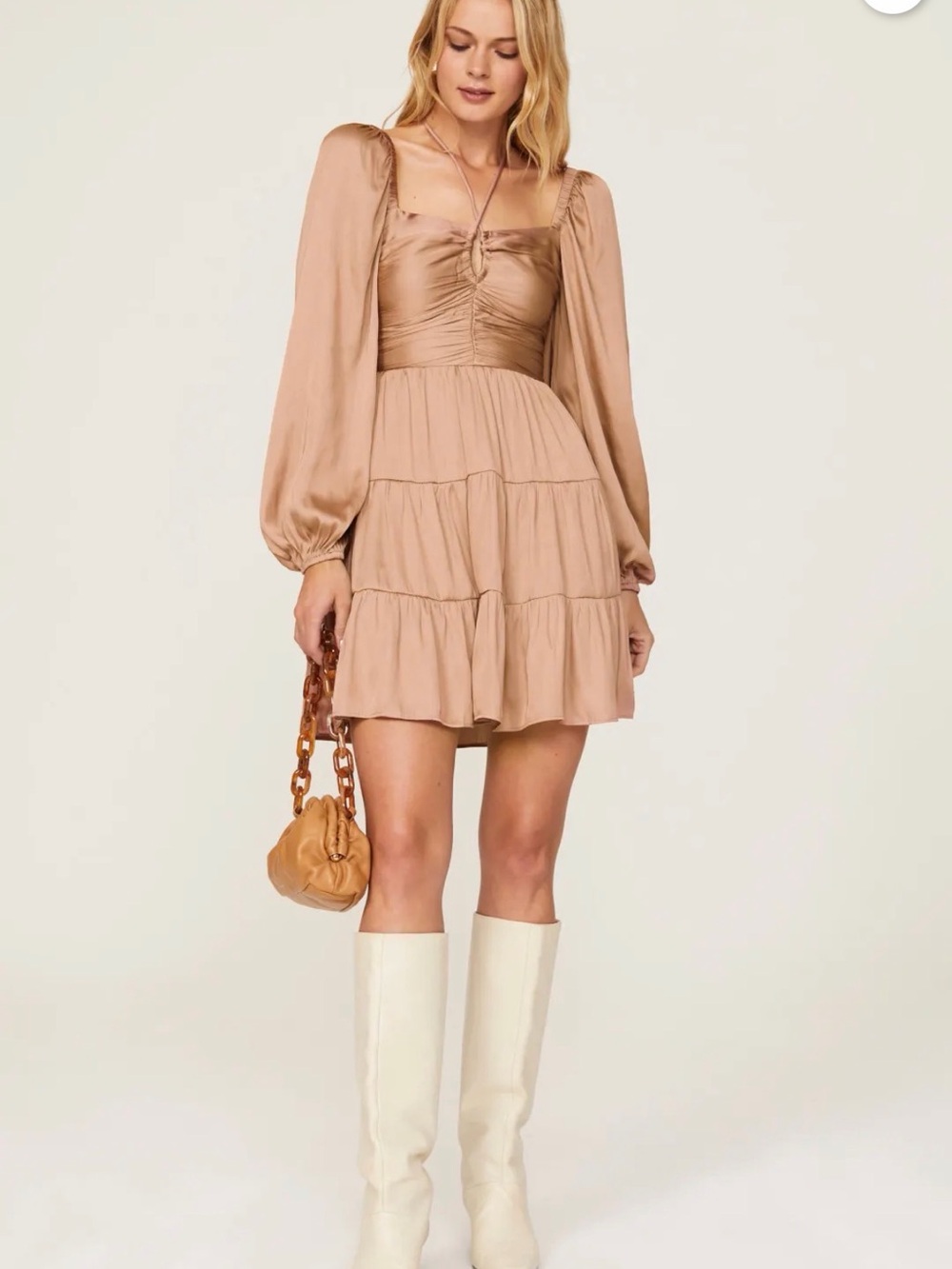 MINKPINK Spencer Satin Puff-Sleeve Tiered Mini Dress in Beige